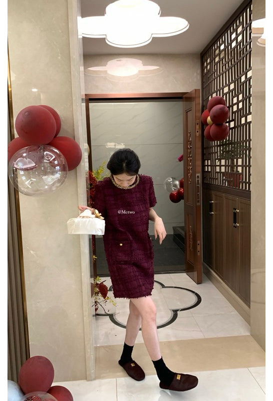 METWO> 顯白樹莓紫小香連衣裙 2110#