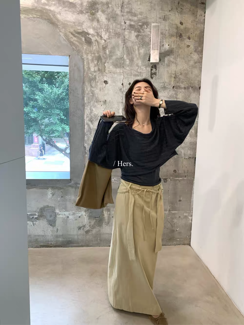 HERS - 卡其綁帶設計感直筒半裙 92173#