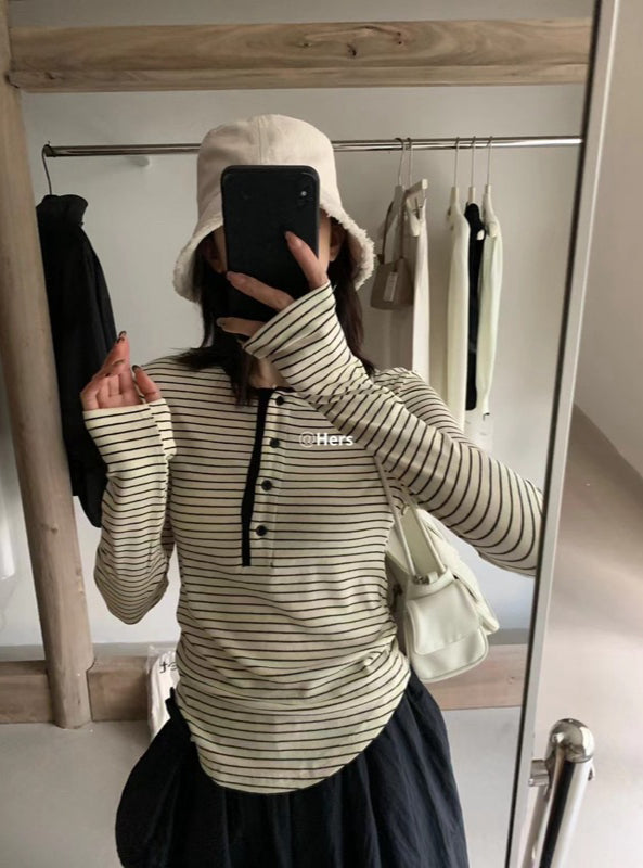 HERS> 條紋鈕扣圓弧T 20283#