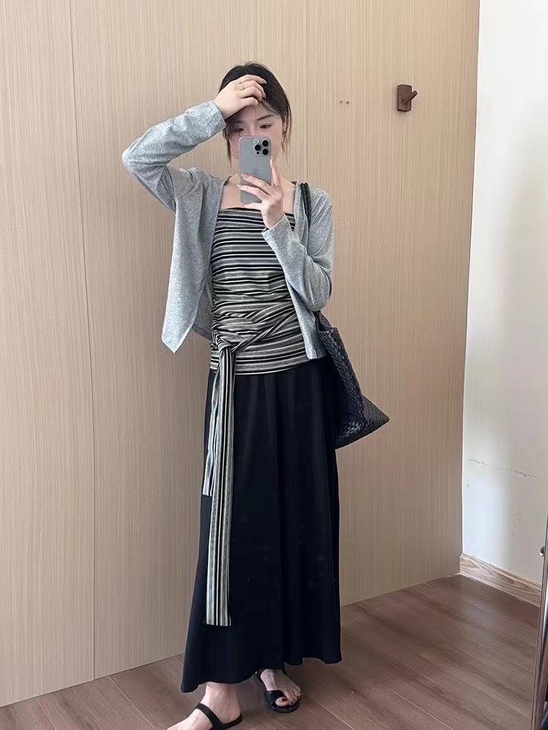NENE - 慵懶開衫+綁帶背心+空氣棉半裙3件套 9326#