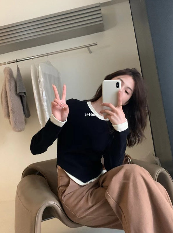 HERS> 假二件不規則磨毛打底T 8638#