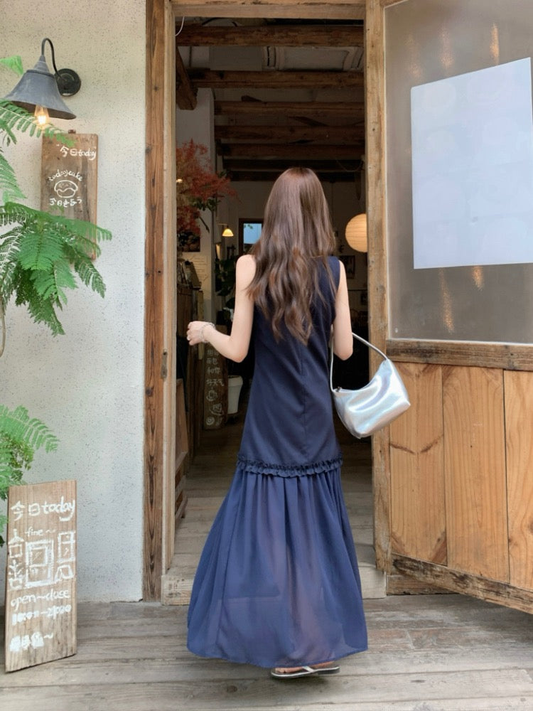 NENE> 木耳邊網紗拼接背心連衣裙 2324#