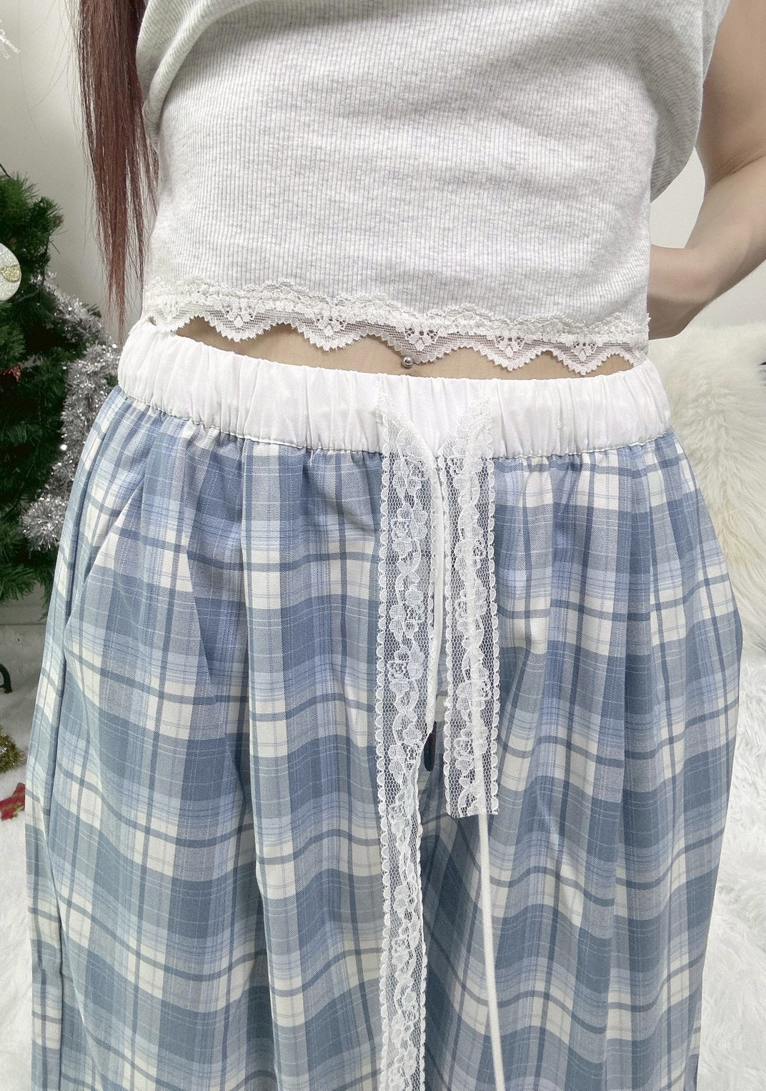 NENE - 蕾絲帶格子休閒褲 3009#
