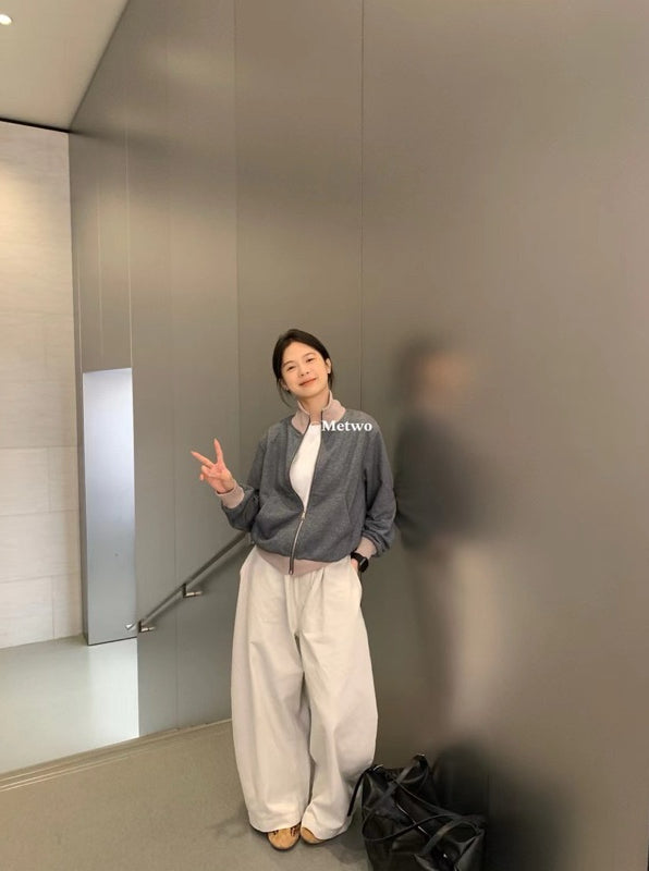 METWO> 灰拼粉棒球外套 2101#