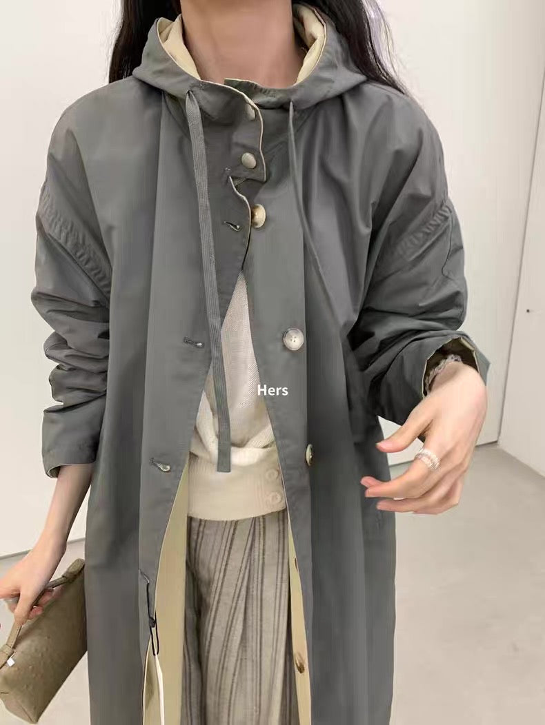HERS> 休閒連帽長款風衣 92049#