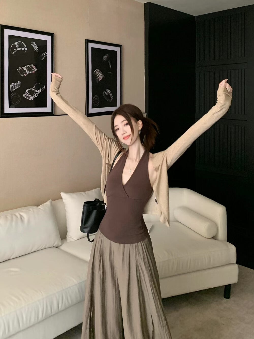 NENE - 簡約開衫+掛勃背心+設計感奏摺開叉闊腿庫 3件套 6057#