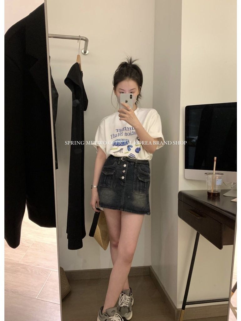 METWO> 雙口袋!少女感牛仔半身裙sml 1153#