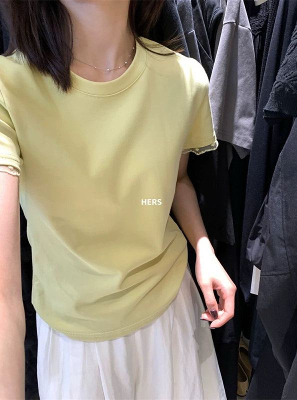 HERS> 可愛蕾絲袖純色T 20435#