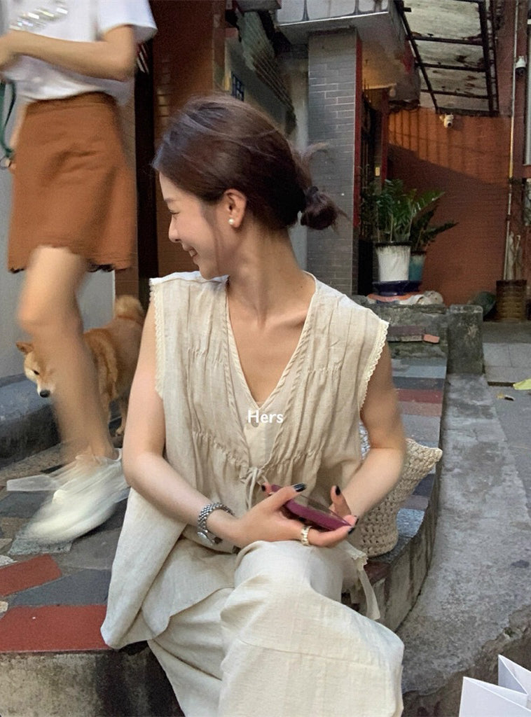 METWO> 日系假兩件麻上衣&麻褲8821#