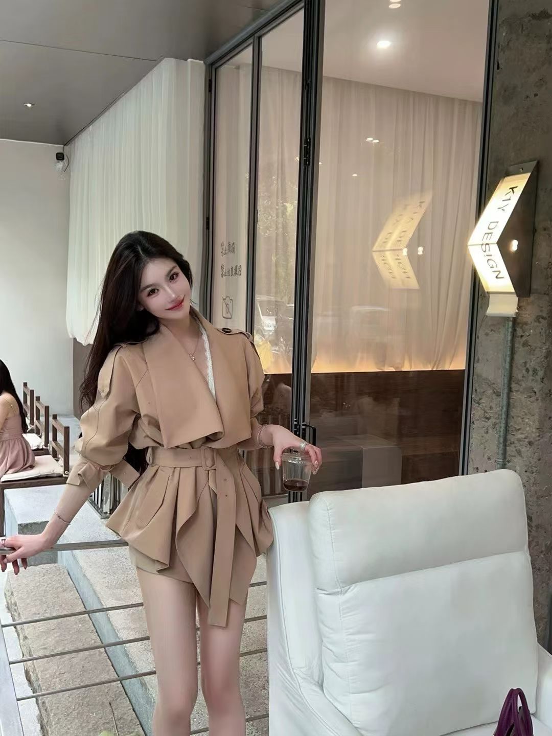 YJIA - 英倫風大翻領綁帶收腰風衣 8276#