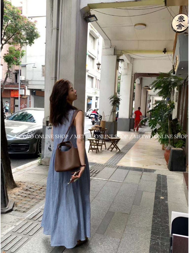 Metwo- 日系藍格連衣裙 孕婦友善 1313#