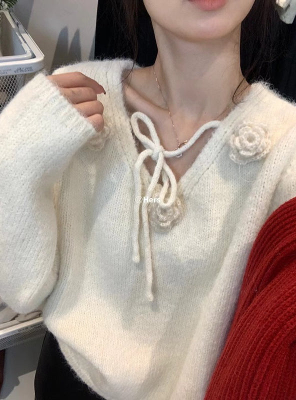 HERS> 立體花朵綁帶毛衣 10595#