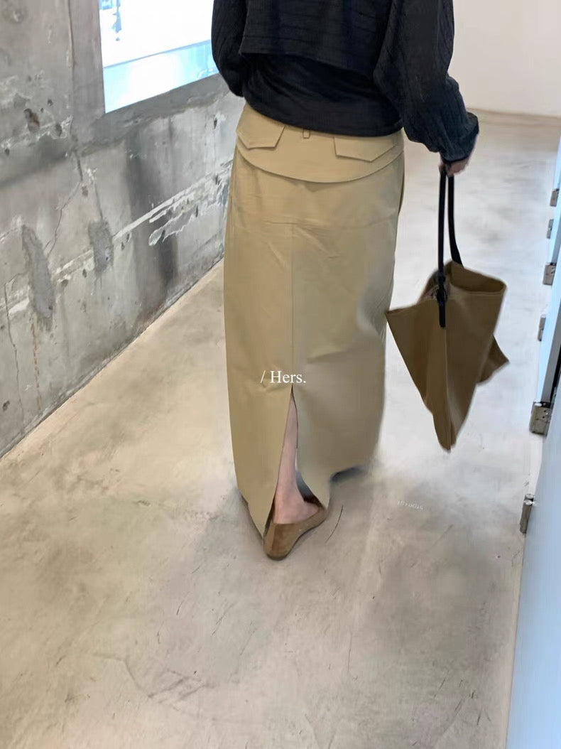 HERS - 卡其綁帶設計感直筒半裙 92173#