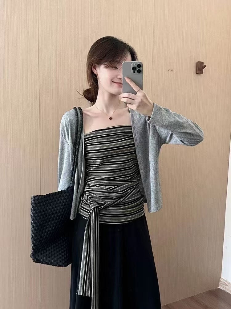 NENE - 慵懶開衫+綁帶背心+空氣棉半裙3件套 9326#