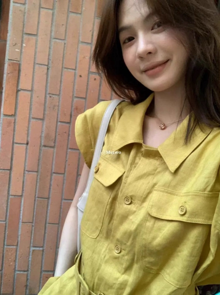 METWO> 顯白色系棉麻腰帶襯衫 8271#