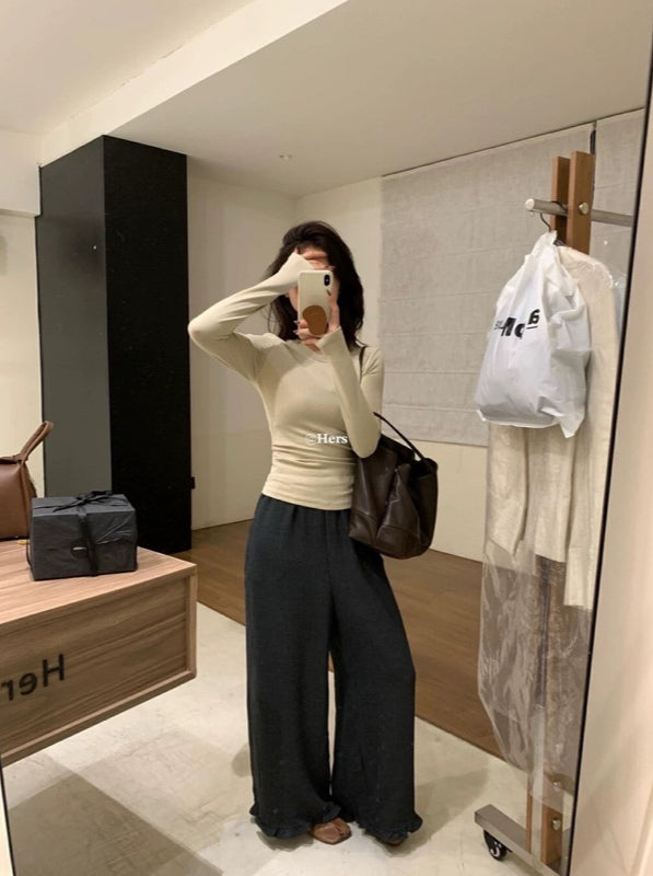 HERS>#純色花邊闊腿褲 10002#