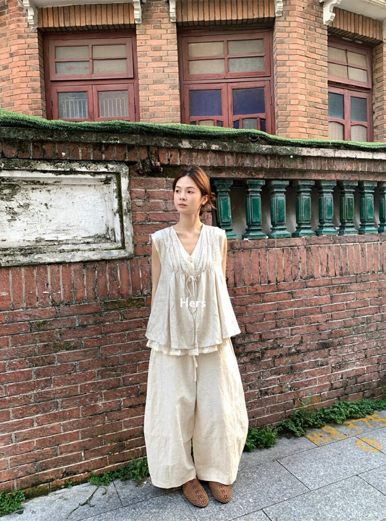 METWO> 日系假兩件麻上衣&麻褲8821#
