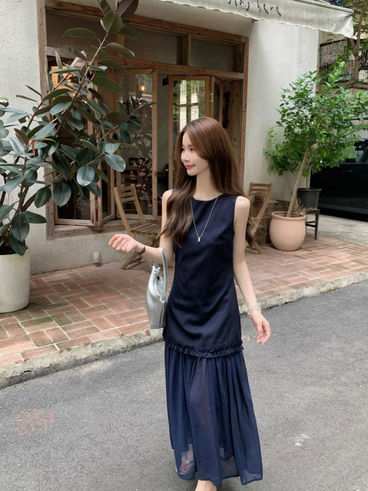 NENE> 木耳邊網紗拼接背心連衣裙 2324#