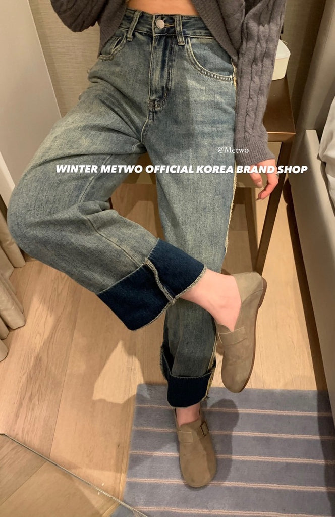 METWO>抓毛闊腿2穿牛仔褲 8809#