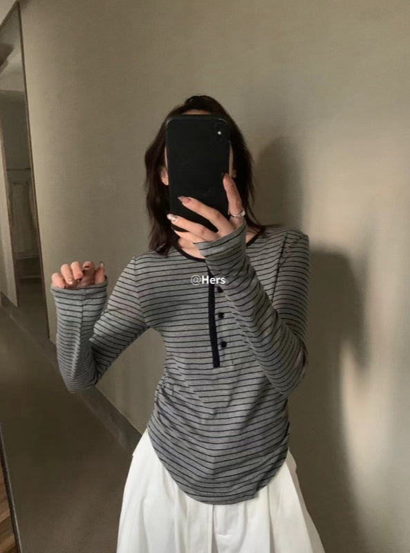HERS> 條紋鈕扣圓弧T 20283#