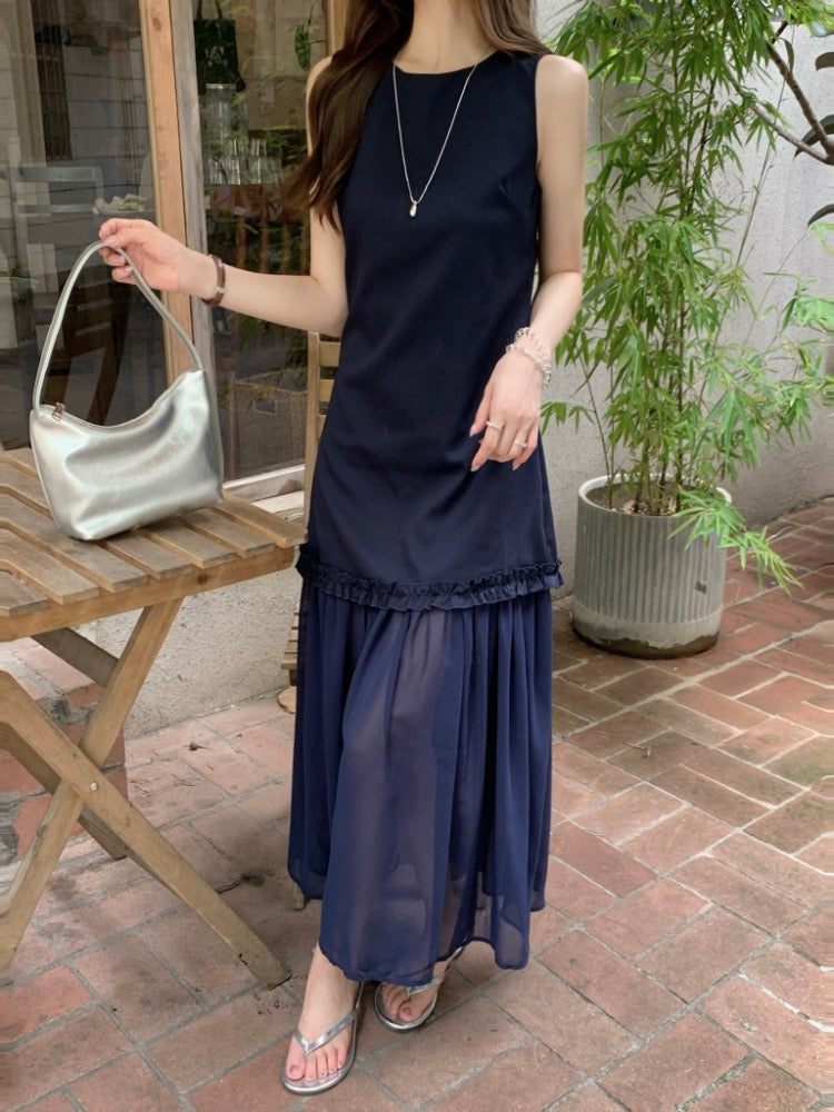 NENE> 木耳邊網紗拼接背心連衣裙 2324#