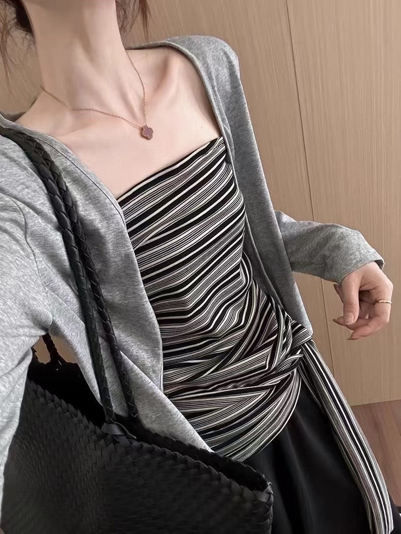 NENE - 慵懶開衫+綁帶背心+空氣棉半裙3件套 9326#