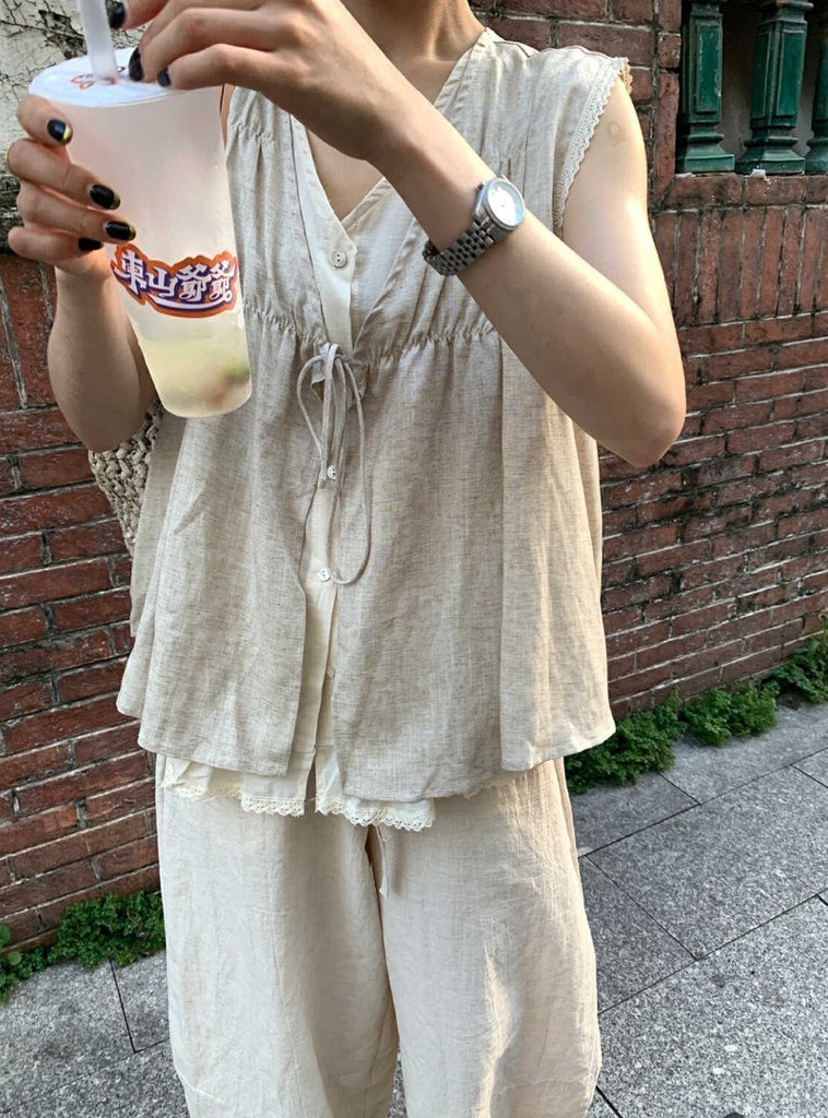 METWO> 日系假兩件麻上衣&麻褲8821#