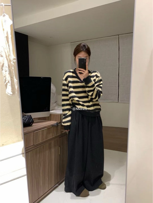 METWO>毛條紋V領毛衣 1802#