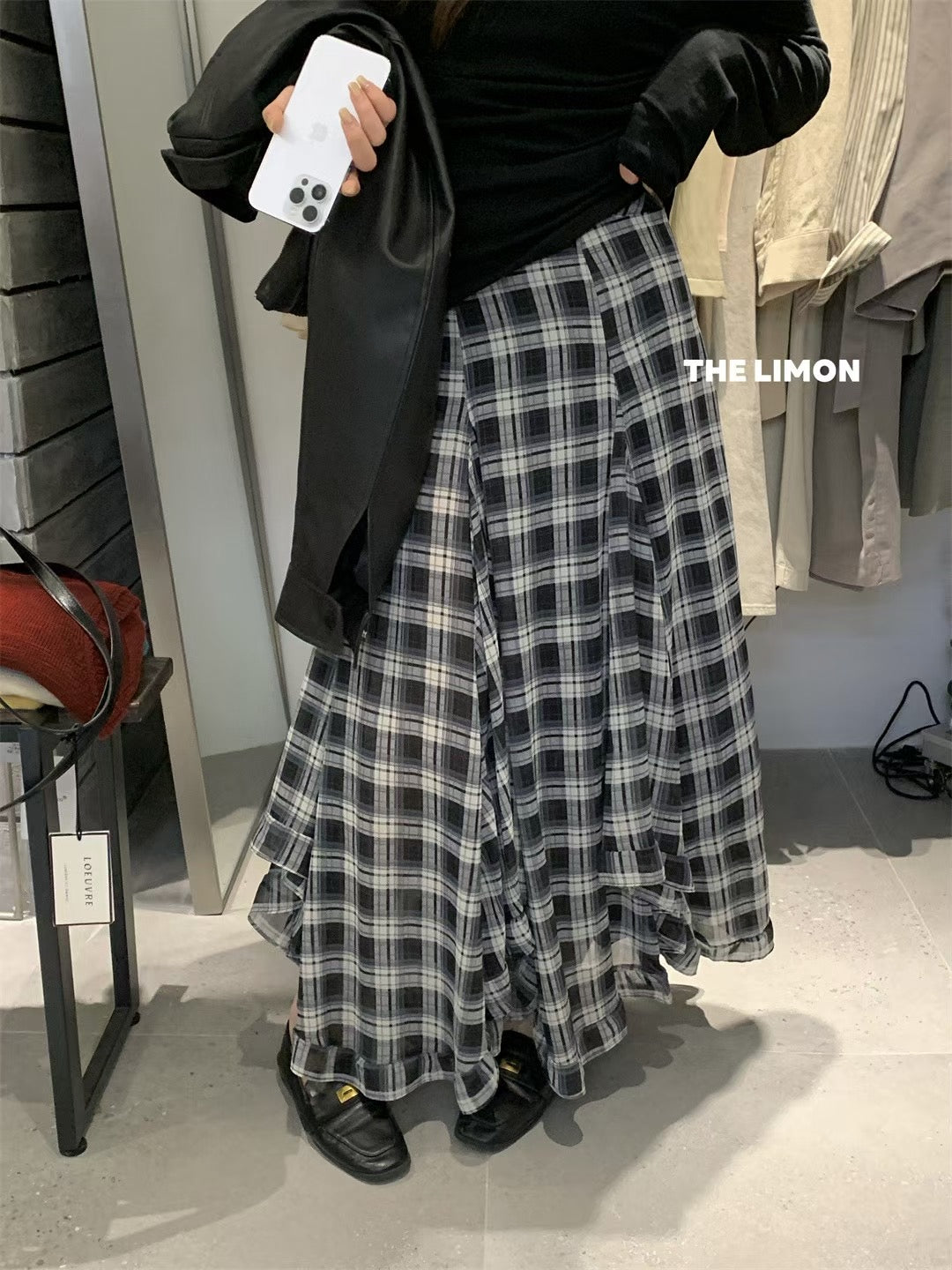 THE LEMON> 不規則大裙襬格紋半裙 9015#