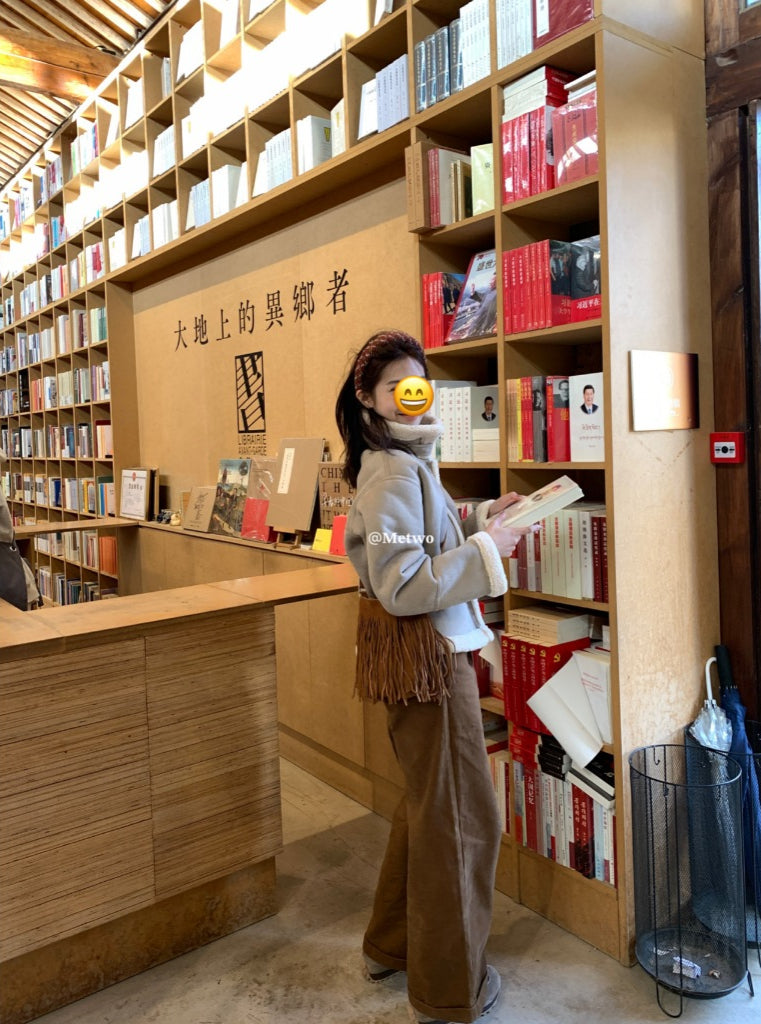 METWO>復古磨毛牛仔褲(咖/奶白) 8623#