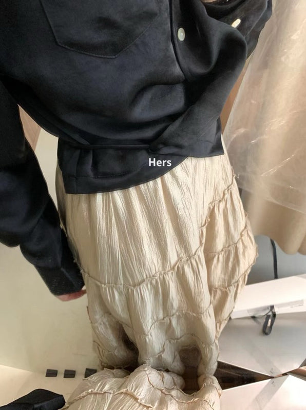 HERS> 光感緞面綁帶設計感襯衫4色 9256#