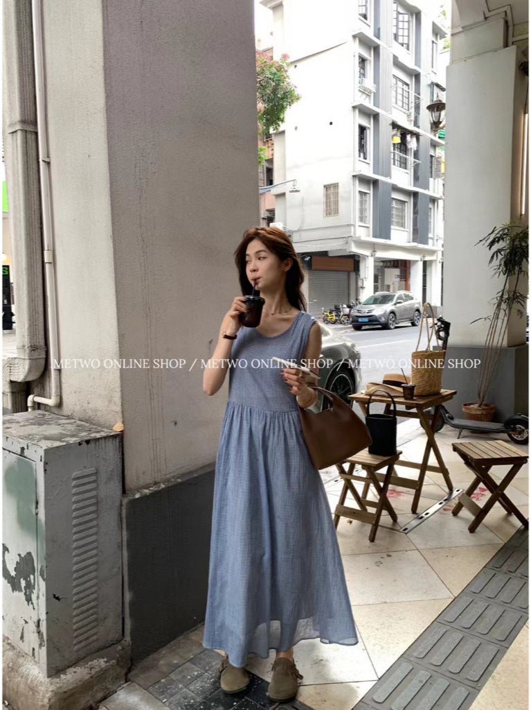 Metwo- 日系藍格連衣裙 孕婦友善 1313#