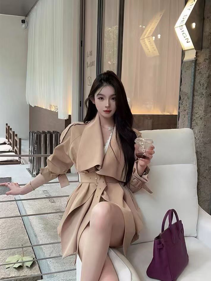 YJIA - 英倫風大翻領綁帶收腰風衣 8276#