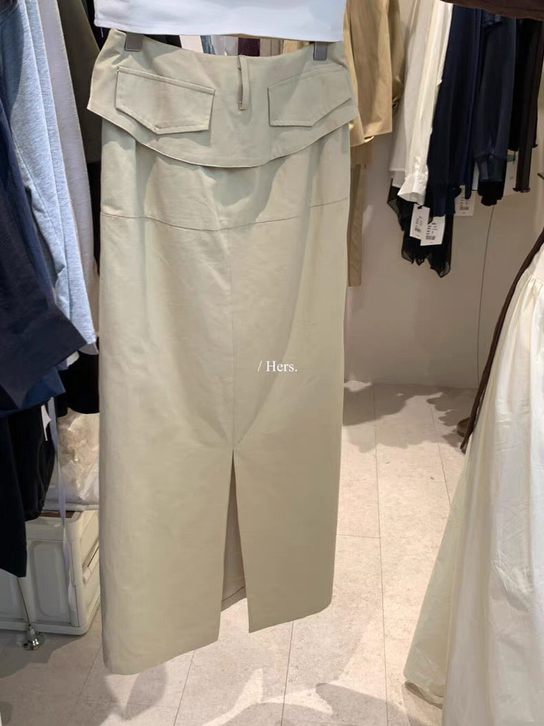 HERS - 卡其綁帶設計感直筒半裙 92173#