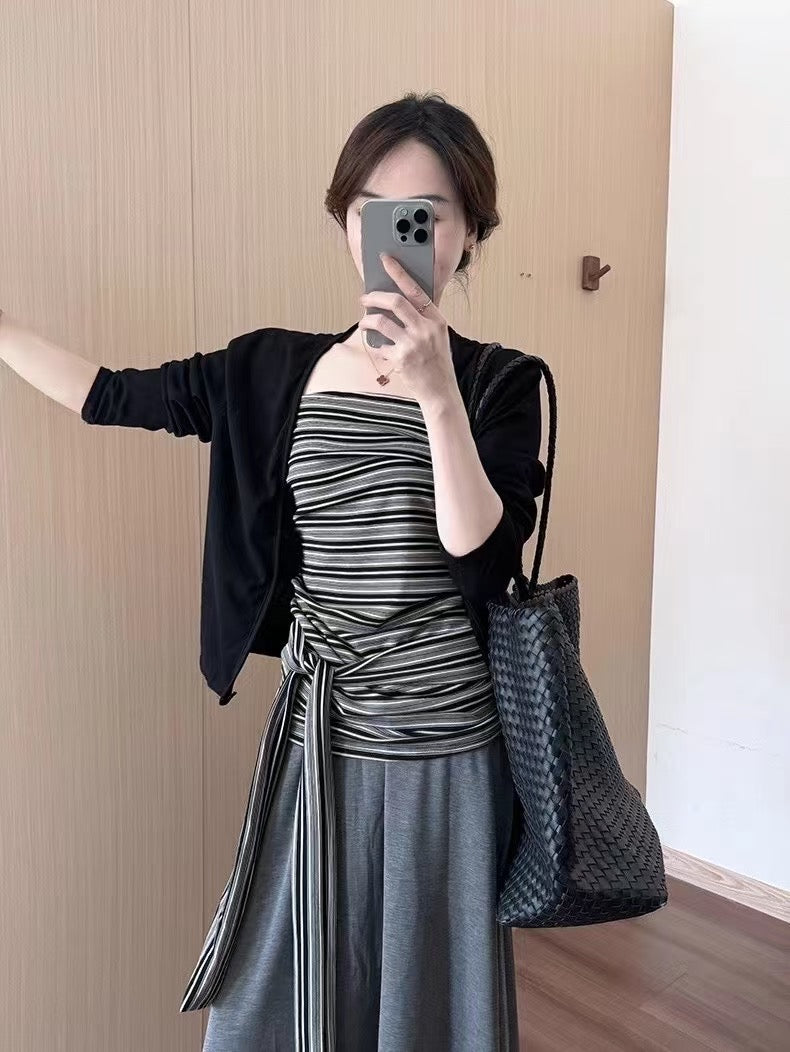 NENE - 慵懶開衫+綁帶背心+空氣棉半裙3件套 9326#
