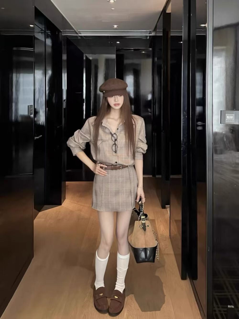 YJIA - 英倫風格子設計感套裝(含腰帶) 9369#