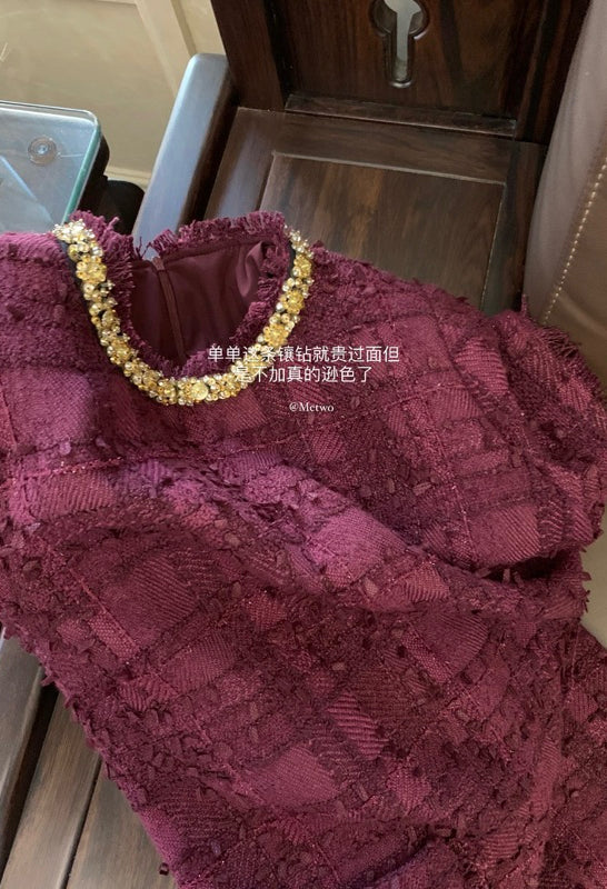 METWO> 顯白樹莓紫小香連衣裙 2110#