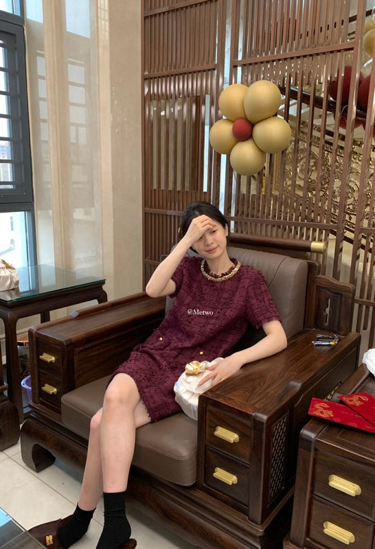 METWO> 顯白樹莓紫小香連衣裙 2110#
