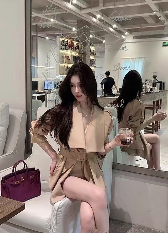 YJIA - 英倫風大翻領綁帶收腰風衣 8276#