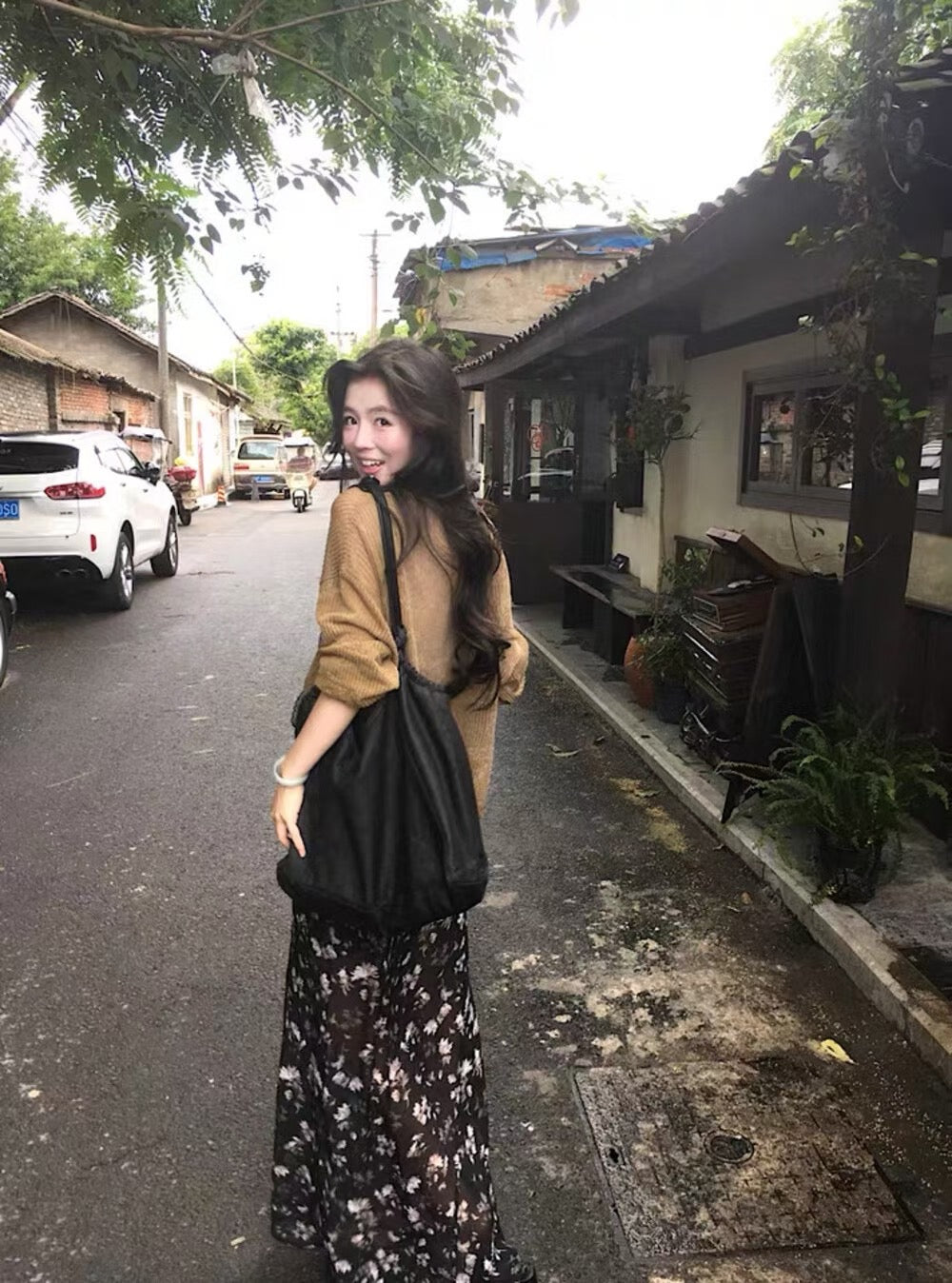 NENE> 復古簍空寬鬆針織衫+印花魚尾裙套裝 8203#