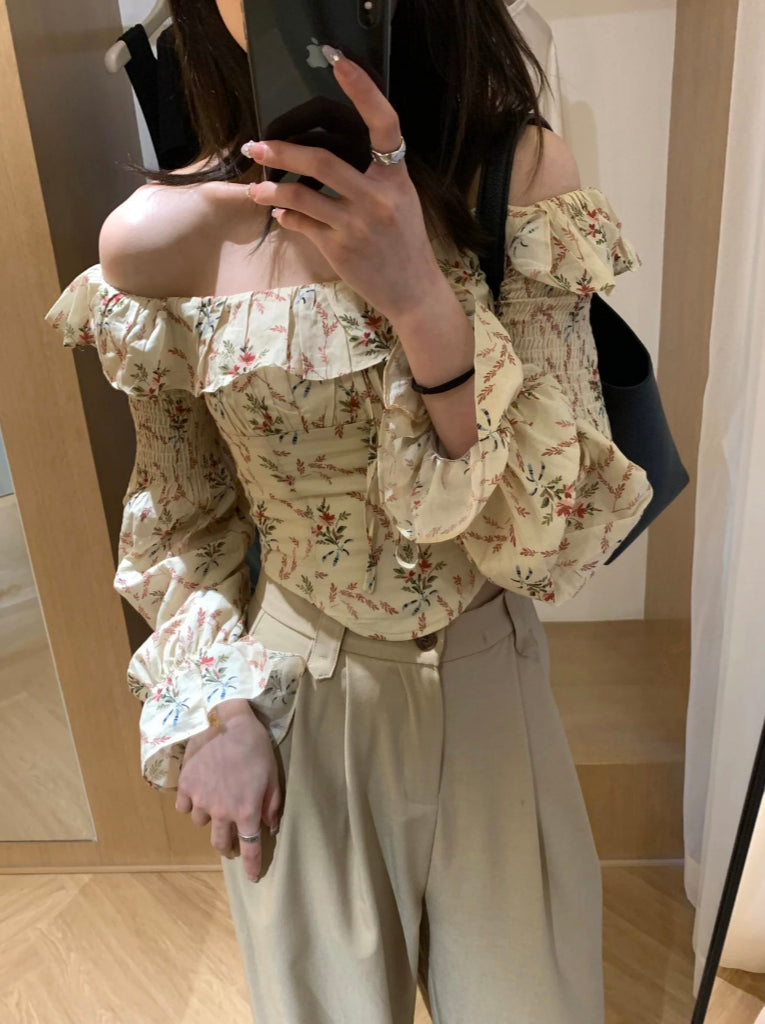 METWO>一字肩 碎花奶昔荷花衫 SY7001#