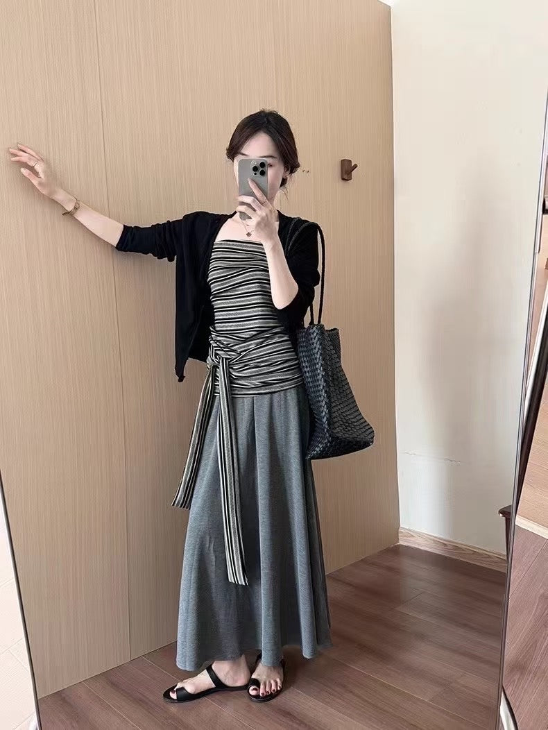 NENE - 慵懶開衫+綁帶背心+空氣棉半裙3件套 9326#