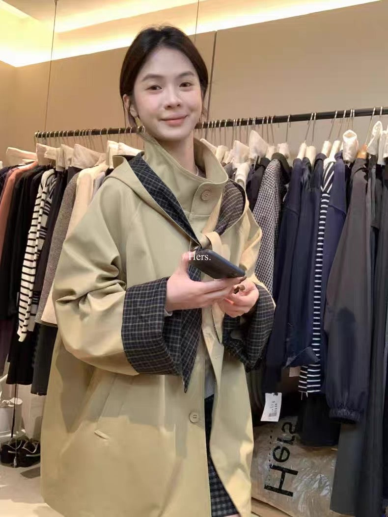 HERS - 帽型態領巾格紋立領風衣 92313#