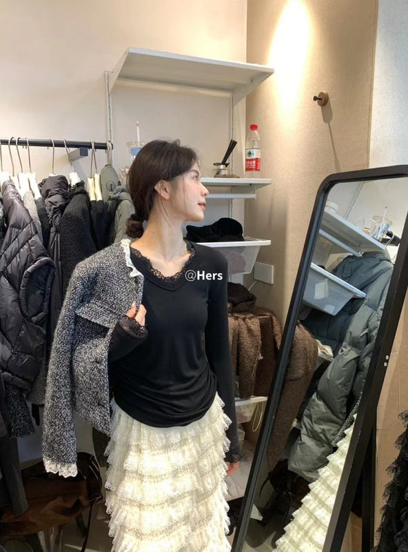 HERS> V領蕾絲拼接打底衫 #10296#