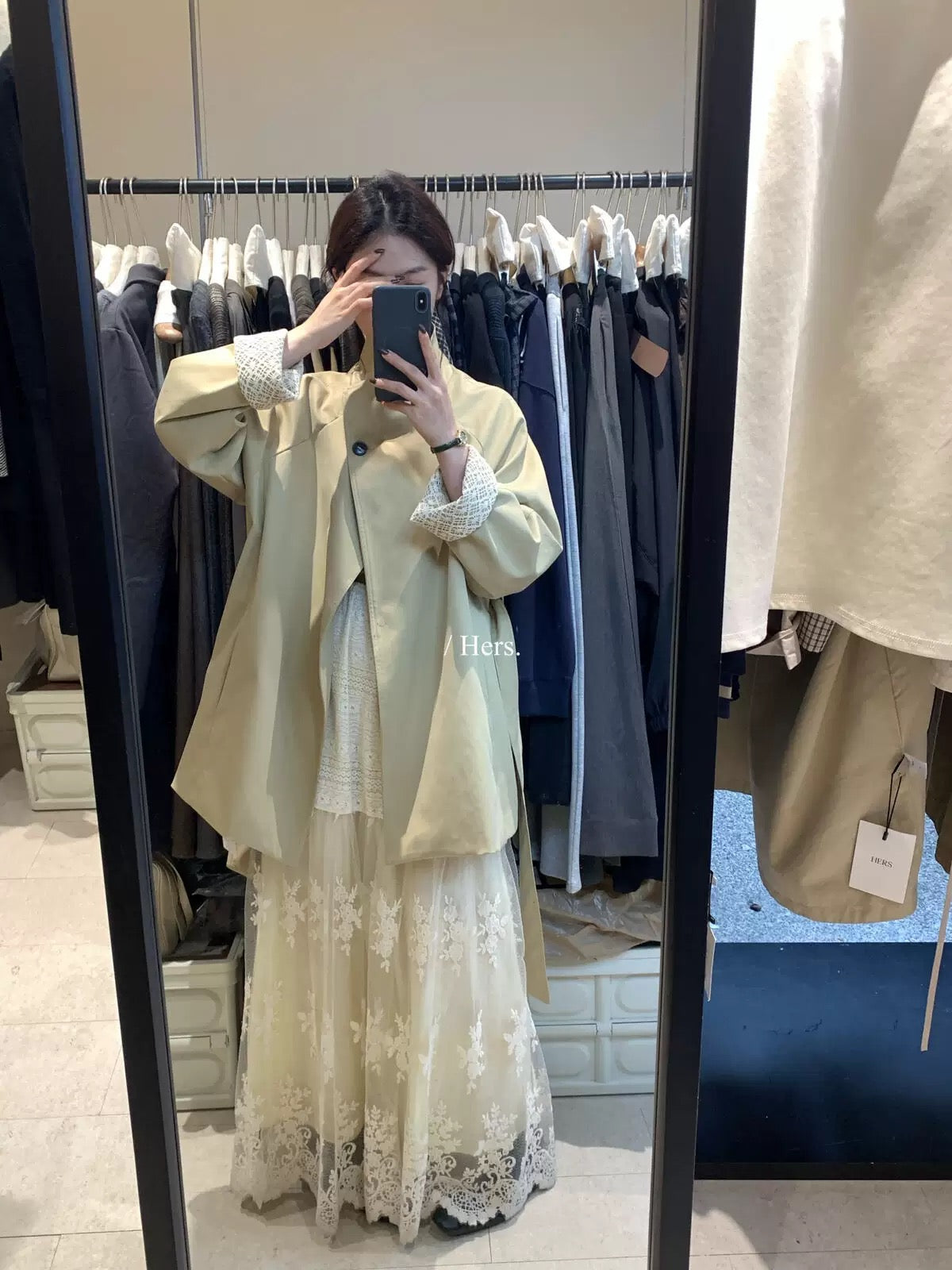 HERS - 蕾絲袖卡其立領風衣 92308#