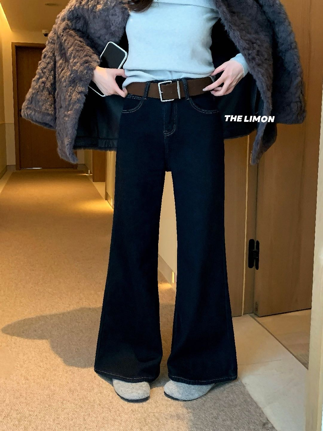 LIMON - 超模柔絨牛仔褲2色配腰帶 2636#