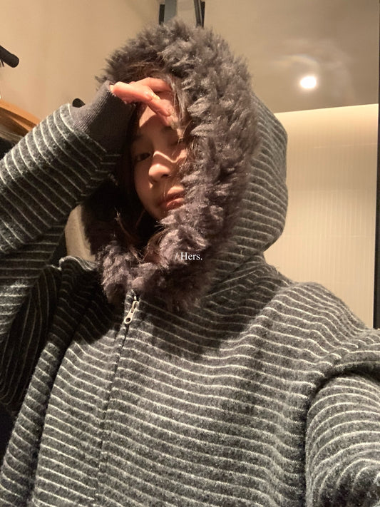 Hers - 加絨毛呢條紋毛毛外套  92633#