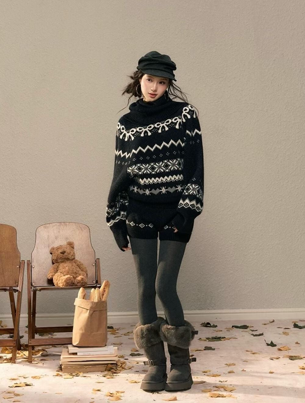 YJNN - 復古費爾島高領毛衣套裝  1189#