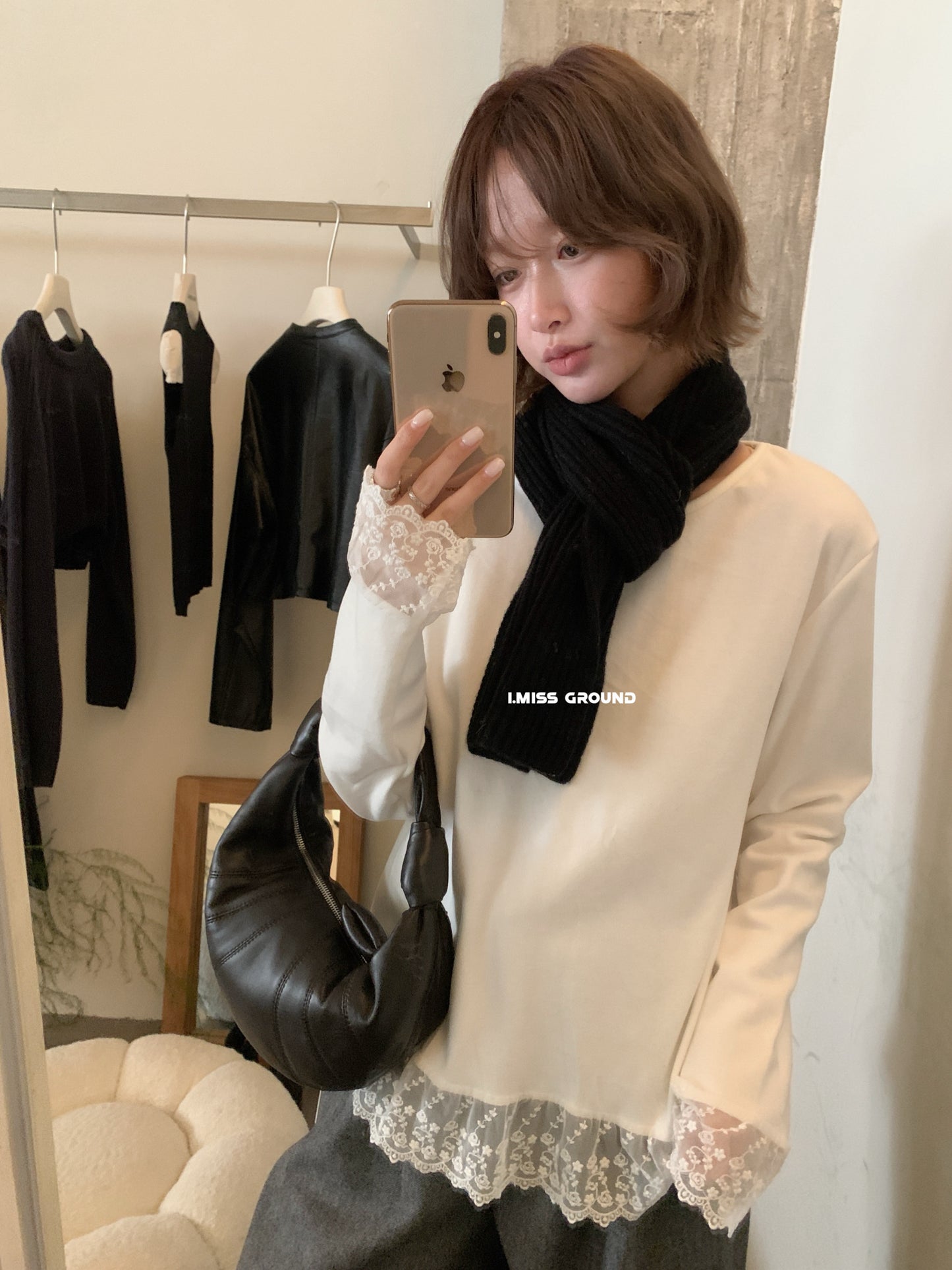 i miss - 刷毛蕾絲花邊素T