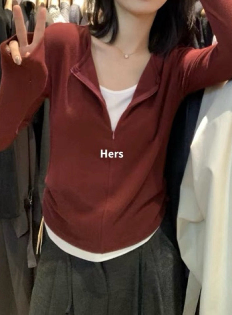 HERS> 短/長/連帽 假兩件扭摺拉鏈T#10121#